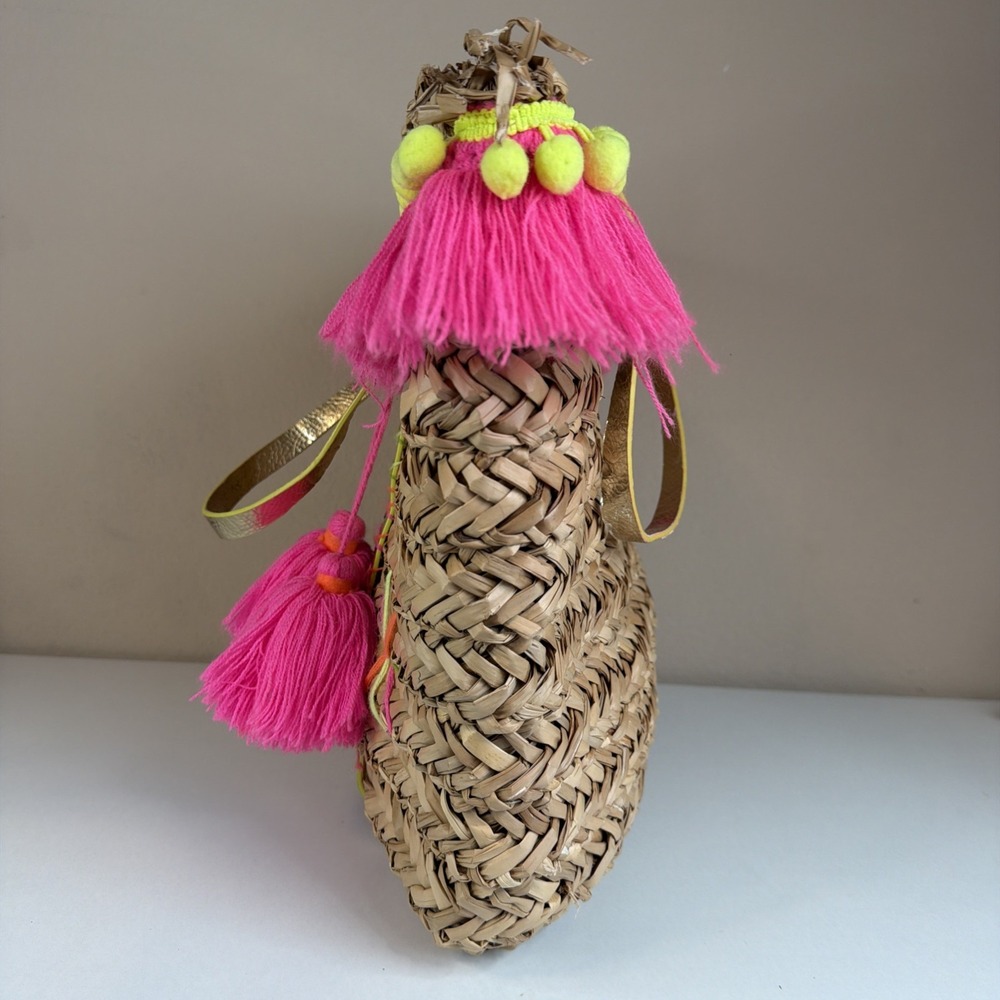 Lilly Pulitzer Large Woven Tote Bag, Gold Double Handles, Tassel Fringe, Open - Picture 2 of 15